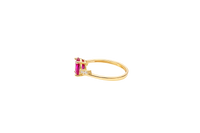 14KT Gold Ring Women's Red Oval Center CZ Stone with 3 High/Low Round White CZ Stones Shoulders and Plain Band