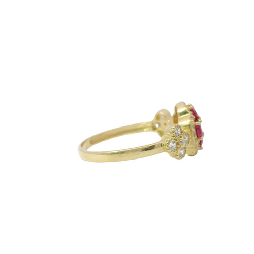 14KT Gold Ring Women's Jumbo Flower Magenta Pink Square CZ Stone Center Four Magenta Pink CZ Stone Oval Petals with Two White CZ Stone Side Flowers and Borders with Plain Band