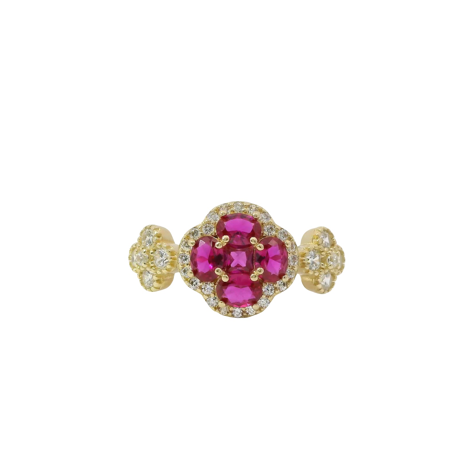 14KT Gold Ring Women's Jumbo Flower Magenta Pink Square CZ Stone Center Four Magenta Pink CZ Stone Oval Petals with Two White CZ Stone Side Flowers and Borders with Plain Band