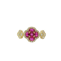 14KT Gold Ring Women's Jumbo Flower Magenta Pink Square CZ Stone Center Four Magenta Pink CZ Stone Oval Petals with Two White CZ Stone Side Flowers and Borders with Plain Band