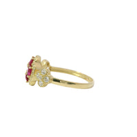 14KT Gold Ring Women's Jumbo Flower Magenta Pink Square CZ Stone Center Four Magenta Pink CZ Stone Oval Petals with Two White CZ Stone Side Flowers and Borders with Plain Band