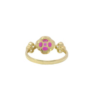 14KT Gold Ring Women's Jumbo Flower Magenta Pink Square CZ Stone Center Four Magenta Pink CZ Stone Oval Petals with Two White CZ Stone Side Flowers and Borders with Plain Band