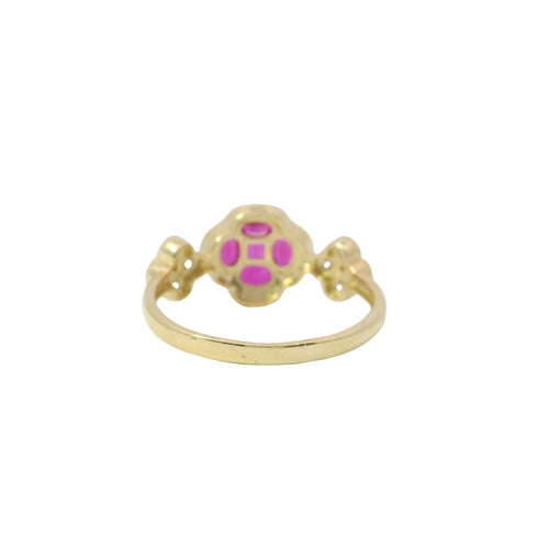 14KT Gold Ring Women's Jumbo Flower Magenta Pink Square CZ Stone Center Four Magenta Pink CZ Stone Oval Petals with Two White CZ Stone Side Flowers and Borders with Plain Band
