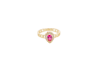 14KT Gold Ring Women's Pear Red Center Stone with White CZ Stone Border Chino Band