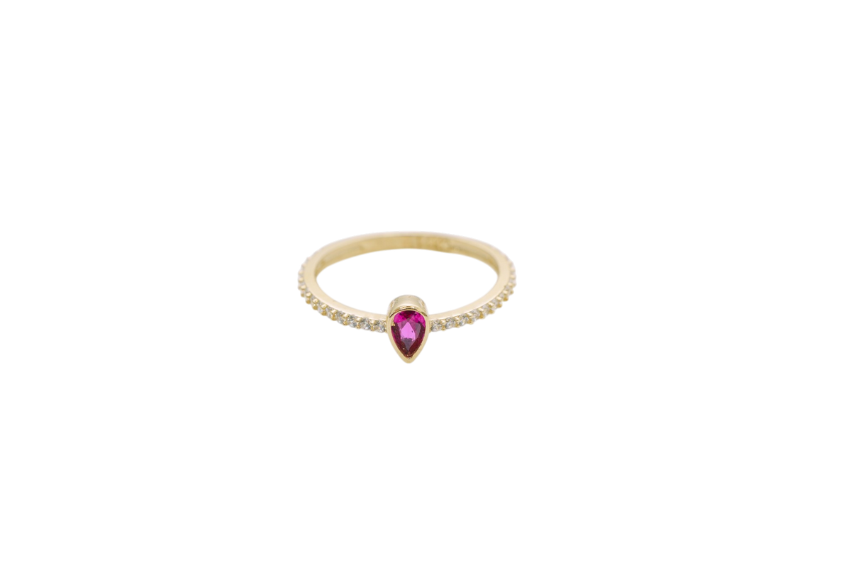 14KT Gold Ring Women's Red Pear Tear Drop Center CZ Stone with Round White CZ Stones Band