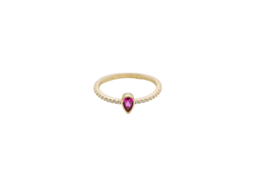 14KT Gold Ring Women's Red Pear Tear Drop Center CZ Stone with Round White CZ Stones Band