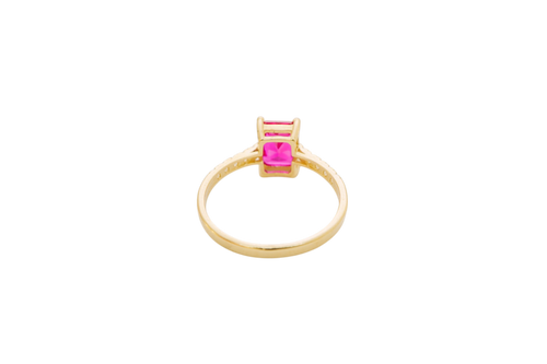 14KT Gold Ring Women's Double Halo Rectangle Red Center Stone with White CZ Stones Band