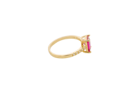14KT Gold Ring Women's Double Halo Rectangle Red Center Stone with White CZ Stones Band