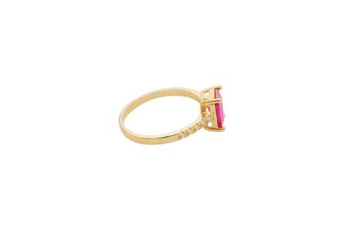 14KT Gold Ring Women's Double Halo Rectangle Red Center Stone with White CZ Stones Band