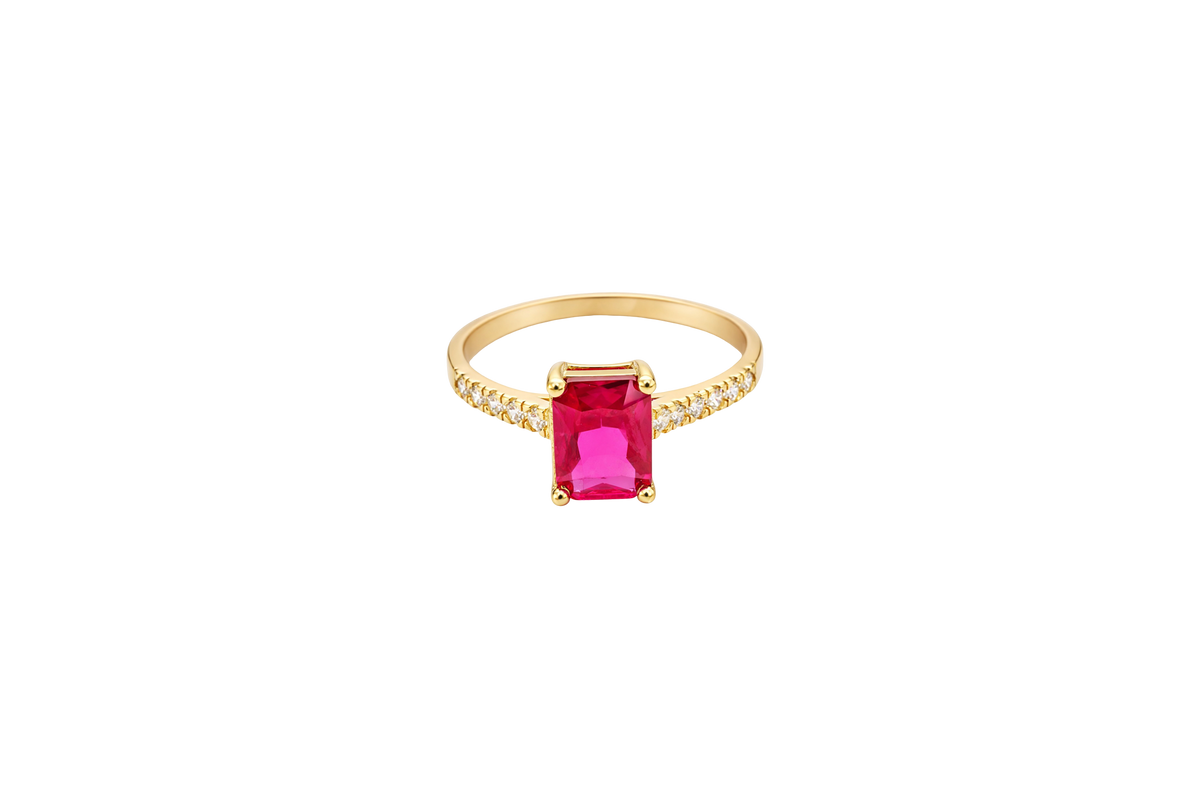 14KT Gold Ring Women's Double Halo Rectangle Red Center Stone with White CZ Stones Band