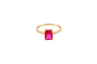 14KT Gold Ring Women's Double Halo Rectangle Red Center Stone with White CZ Stones Band