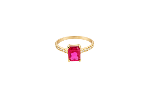 14KT Gold Ring Women's Double Halo Rectangle Red Center Stone with White CZ Stones Band