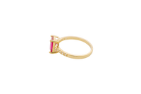 14KT Gold Ring Women's Double Halo Rectangle Red Center Stone with White CZ Stones Band