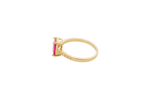 14KT Gold Ring Women's Double Halo Rectangle Red Center Stone with White CZ Stones Band