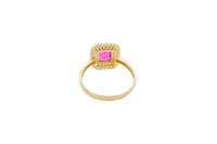 14KT Gold Ring Women's Red Rectangle Center CZ Stone with Double Round White CZ Stones Border and Plain Band