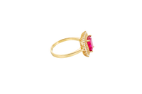 14KT Gold Ring Women's Red Rectangle Center CZ Stone with Double Round White CZ Stones Border and Plain Band