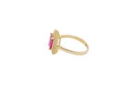 14KT Gold Ring Women's Red Rectangle Center CZ Stone with Double Round White CZ Stones Border and Plain Band
