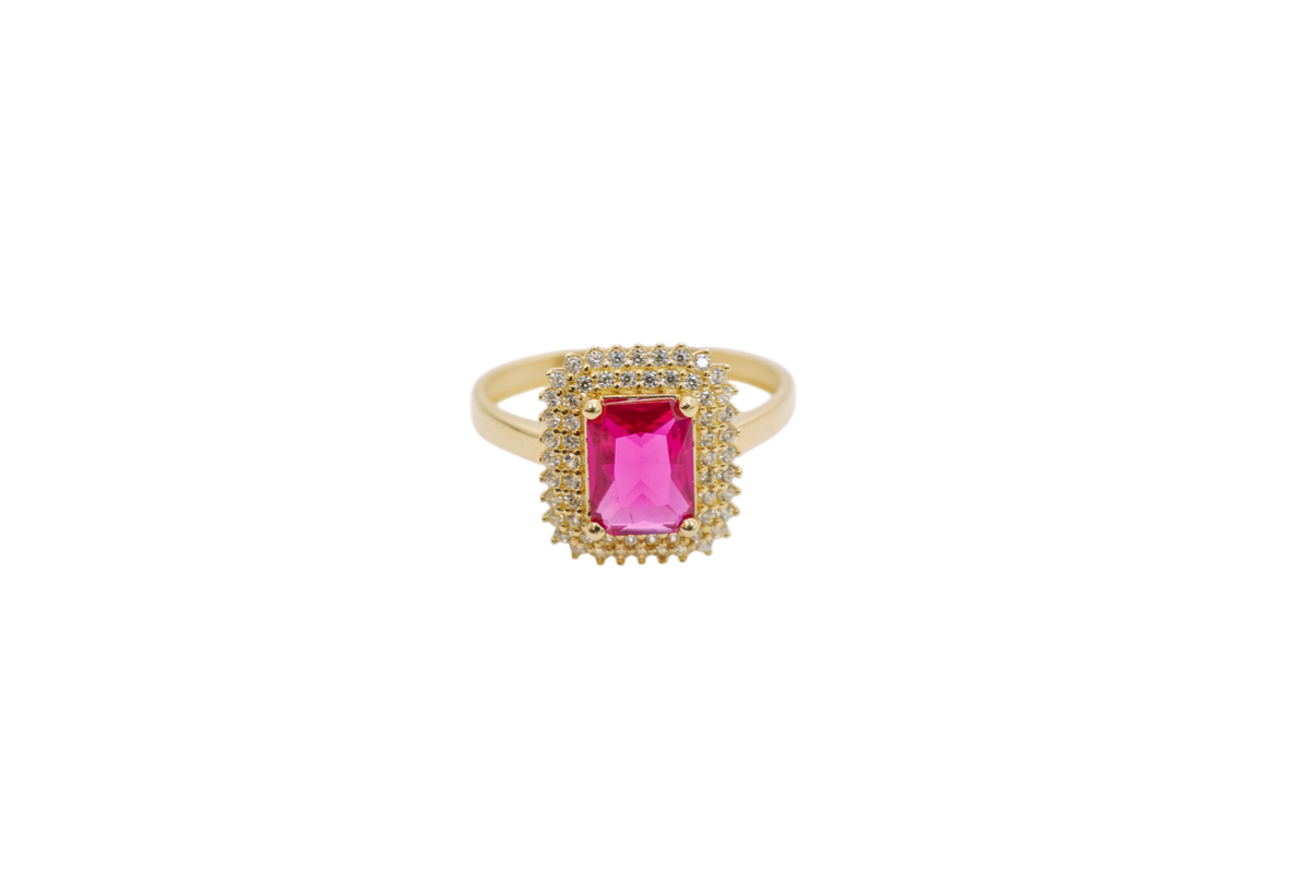 14KT Gold Ring Women's Red Rectangle Center CZ Stone with Double Round White CZ Stones Border and Plain Band