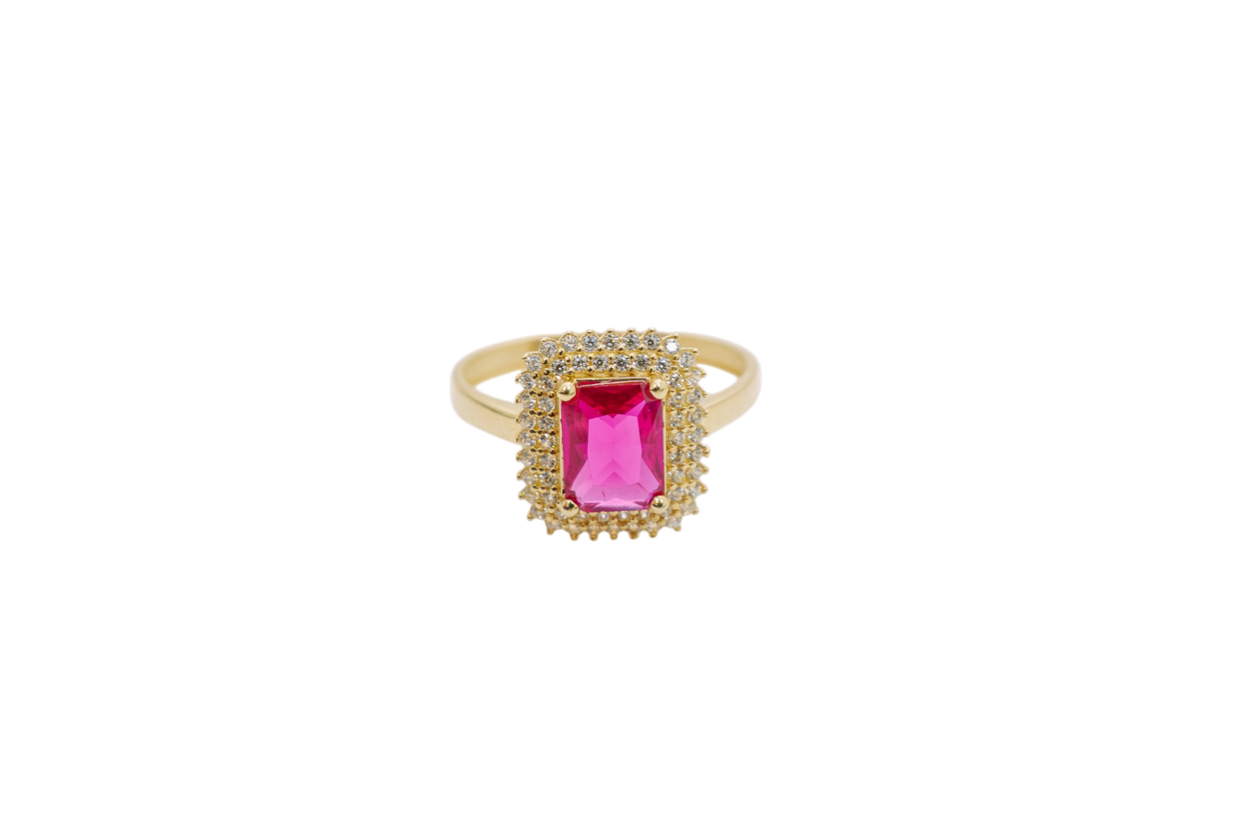 14KT Gold Ring Women's Red Rectangle Center CZ Stone with Double Round White CZ Stones Border and Plain Band
