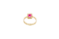 14KT Gold Ring Women's Rectangle Red Center Stone with White CZ Stone Border Chino Band