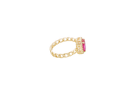 14KT Gold Ring Women's Rectangle Red Center Stone with White CZ Stone Border Chino Band