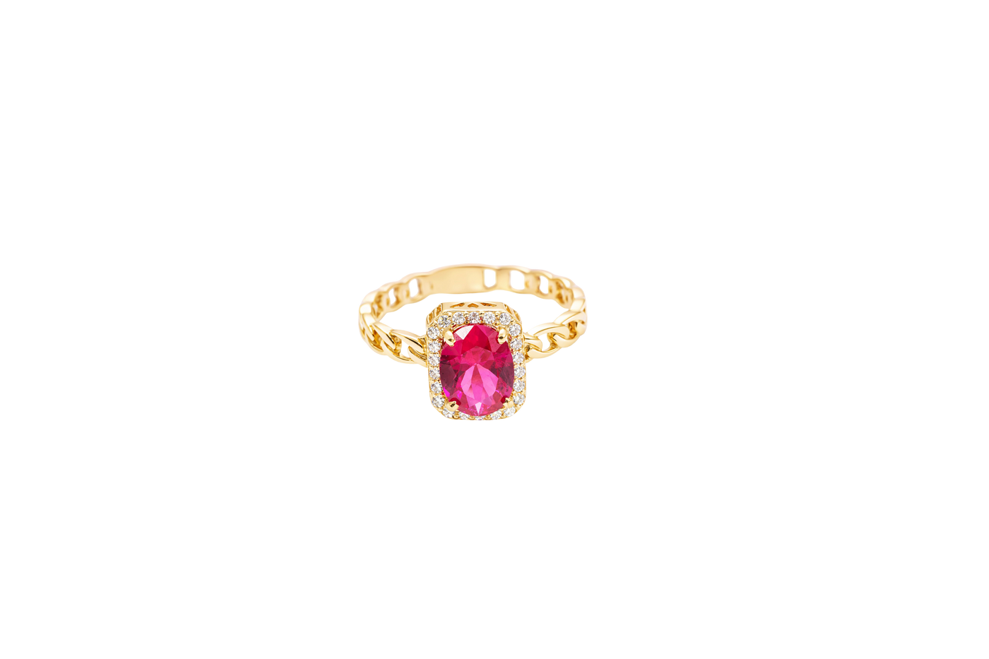 14KT Gold Ring Women's Rectangle Red Center Stone with White CZ Stone Border Chino Band