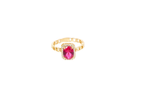 14KT Gold Ring Women's Rectangle Red Center Stone with White CZ Stone Border Chino Band