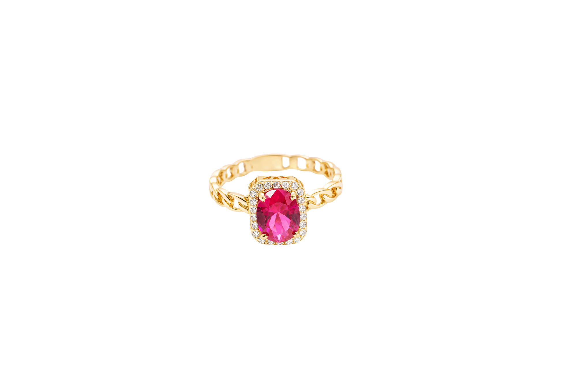 14KT Gold Ring Women's Rectangle Red Center Stone with White CZ Stone Border Chino Band