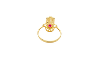 14KT Gold Ring Women's Hansa Hand Red Round Center CZ Stone with 3 White CZ Stones on 3 Fingers and Plain Band