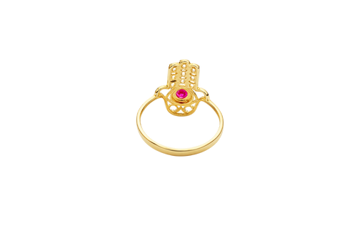 14KT Gold Ring Women's Hansa Hand Red Round Center CZ Stone with 3 White CZ Stones on 3 Fingers and Plain Band