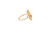 14KT Gold Ring Women's Hansa Hand Red Round Center CZ Stone with 3 White CZ Stones on 3 Fingers and Plain Band