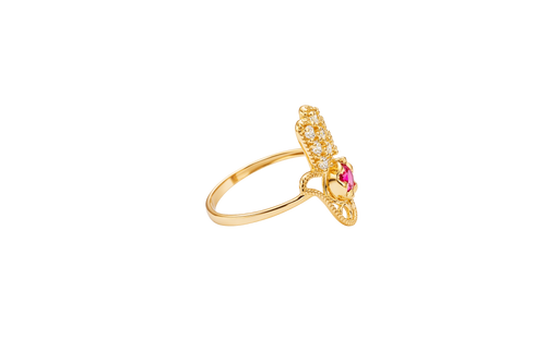 14KT Gold Ring Women's Hansa Hand Red Round Center CZ Stone with 3 White CZ Stones on 3 Fingers and Plain Band