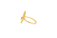 14KT Gold Ring Women's Hansa Hand Red Round Center CZ Stone with 3 White CZ Stones on 3 Fingers and Plain Band