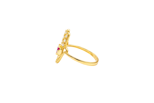 14KT Gold Ring Women's Hansa Hand Red Round Center CZ Stone with 3 White CZ Stones on 3 Fingers and Plain Band