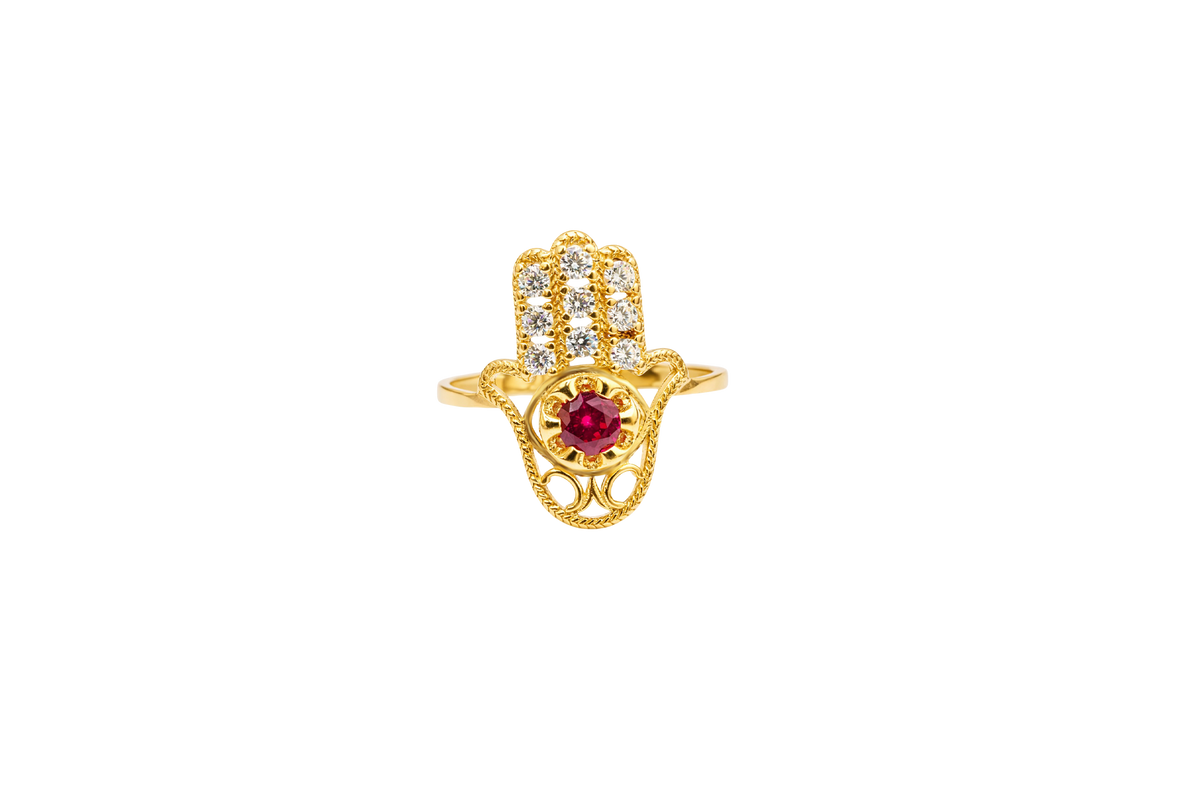 14KT Gold Ring Women's Hansa Hand Red Round Center CZ Stone with 3 White CZ Stones on 3 Fingers and Plain Band