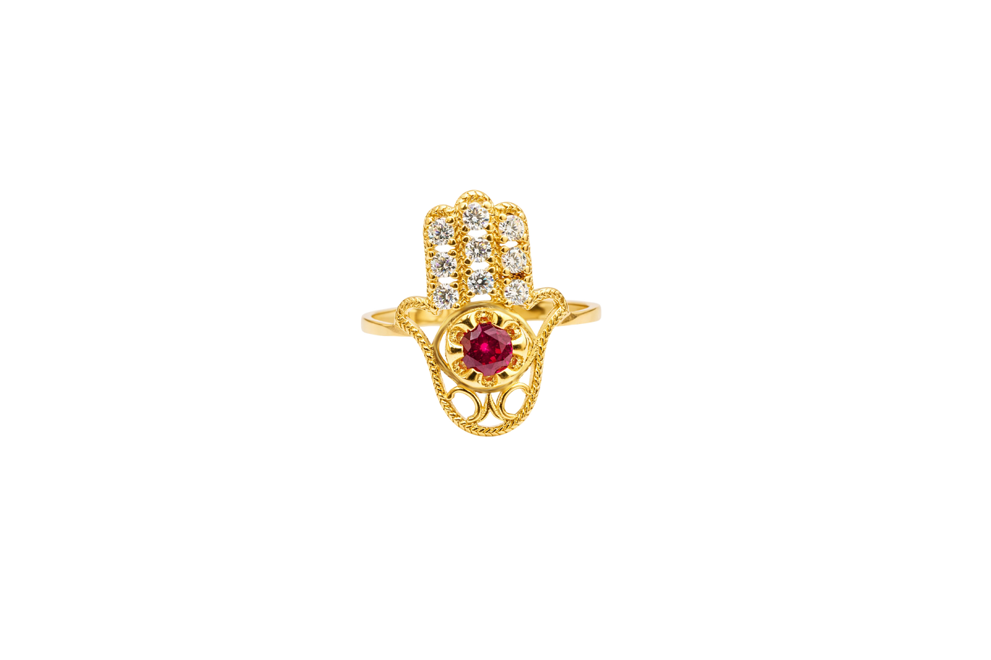 14KT Gold Ring Women's Hansa Hand Red Round Center CZ Stone with 3 White CZ Stones on 3 Fingers and Plain Band