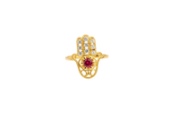 14KT Gold Ring Women's Hansa Hand Red Round Center CZ Stone with 3 White CZ Stones on 3 Fingers and Plain Band