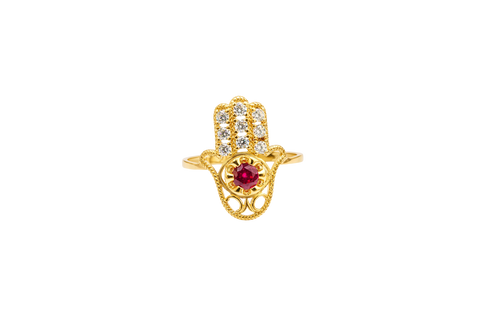14KT Gold Ring Women's Hansa Hand Red Round Center CZ Stone with 3 White CZ Stones on 3 Fingers and Plain Band
