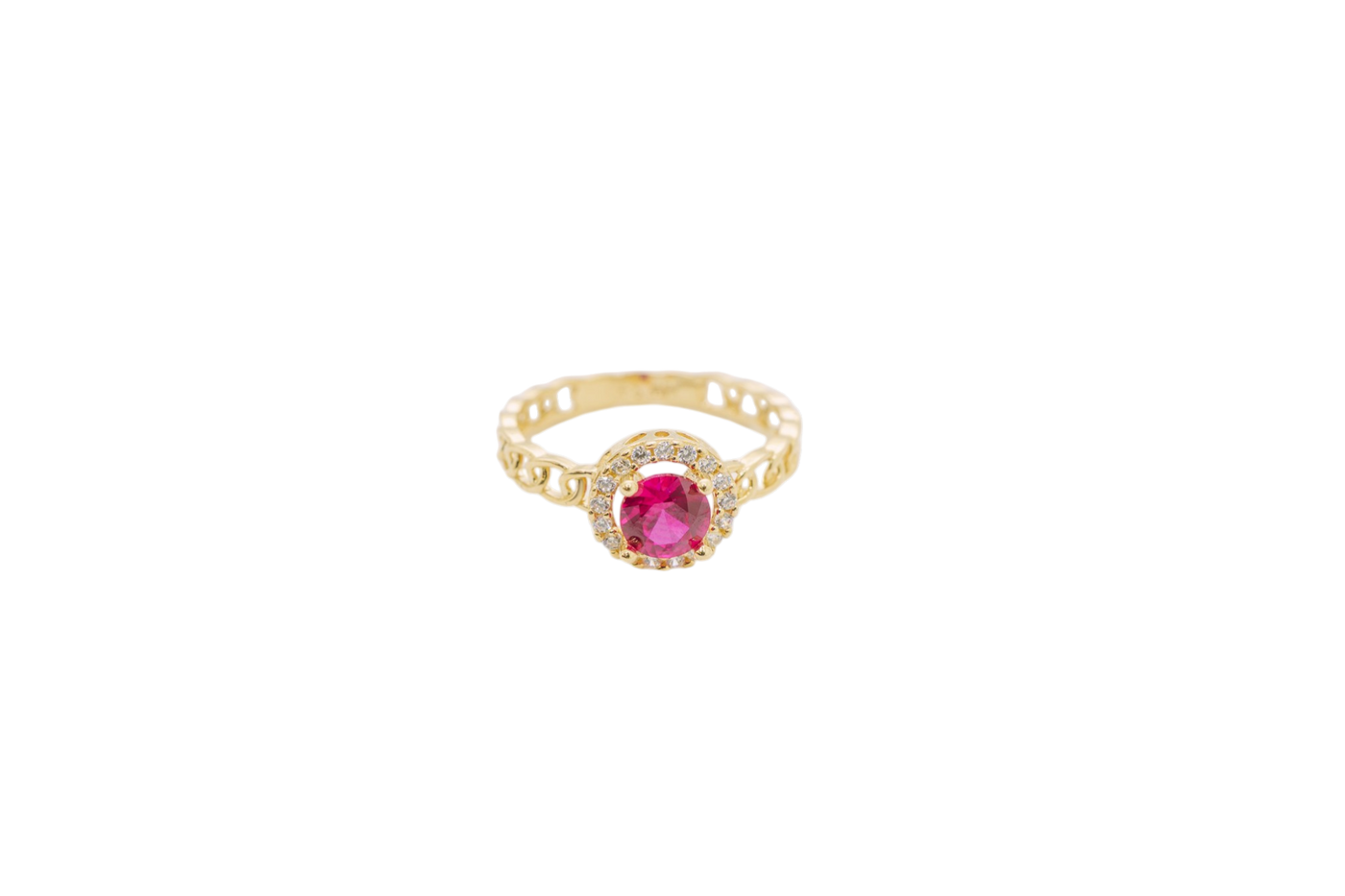 14KT Gold Women's Ring Round Red Center Stone with White CZ Stone Border Chino Band