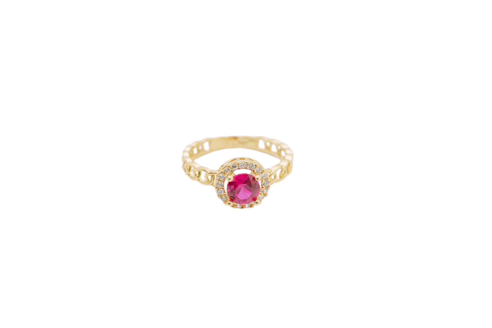 14KT Gold Women's Ring Round Red Center Stone with White CZ Stone Border Chino Band
