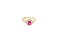 14KT Gold Women's Ring Round Red Center Stone with White CZ Stone Border Chino Band