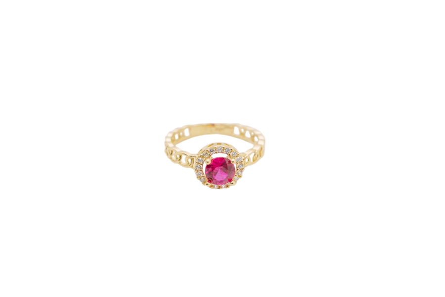 14KT Gold Women's Ring Round Red Center Stone with White CZ Stone Border Chino Band