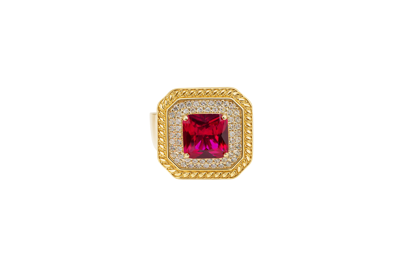 14KT Gold Ring Women's Red Square Center CZ Stone Double Platform Border of Round White CZ Stones Mock Link Border Plain Band