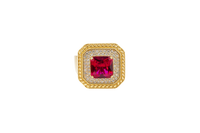 14KT Gold Ring Women's Red Square Center CZ Stone Double Platform Border of Round White CZ Stones Mock Link Border Plain Band
