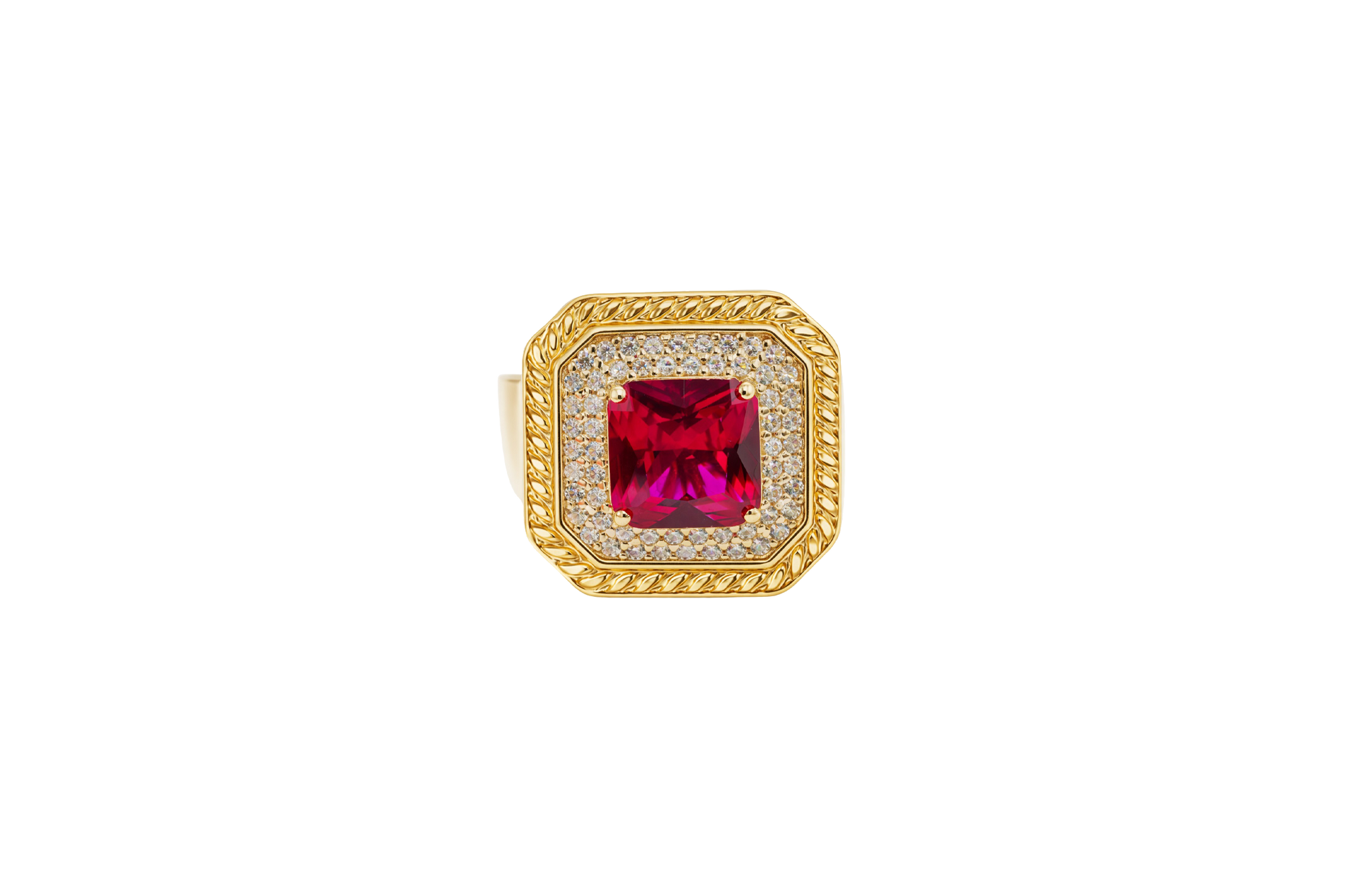 14KT Gold Ring Women's Red Square Center CZ Stone Double Platform Border of Round White CZ Stones Mock Link Border Plain Band