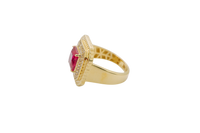 14KT Gold Ring Women's Red Square Center CZ Stone Double Platform Border of Round White CZ Stones Mock Link Border Plain Band