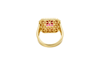 14KT Gold Ring Women's Red Square Center CZ Stone Double Platform Border of Round White CZ Stones Mock Link Border Plain Band