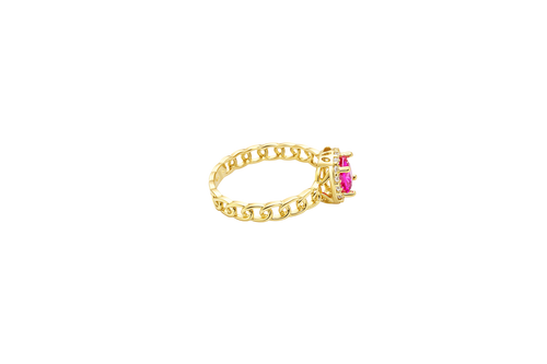 14KT Gold Ring Women's Square Red Center Stone with White CZ Stone Border Chino Band
