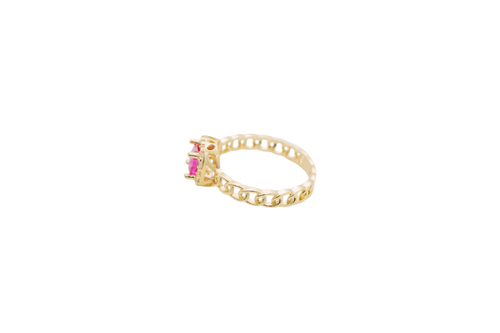 14KT Gold Ring Women's Square Red Center Stone with White CZ Stone Border Chino Band