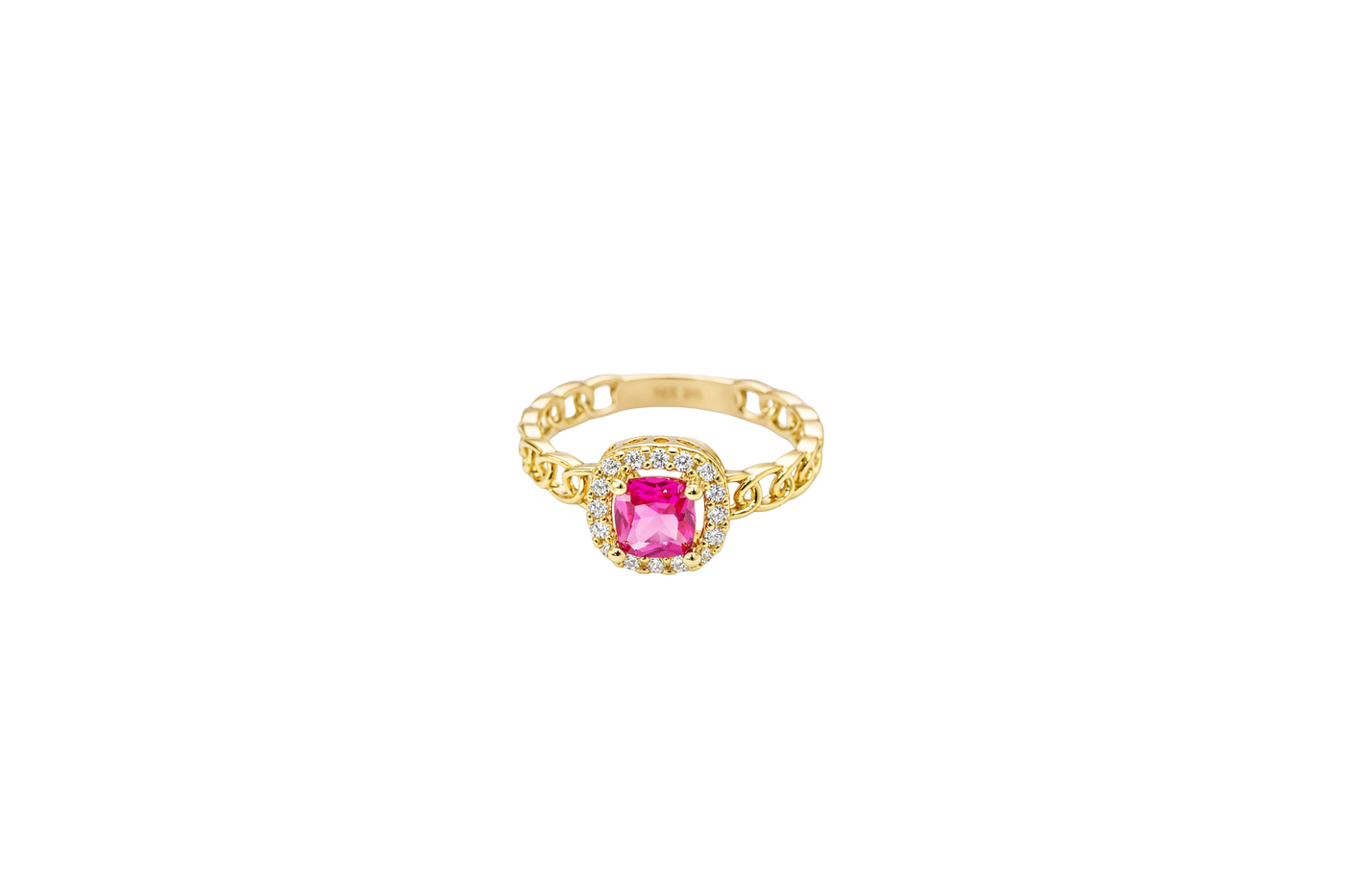 14KT Gold Ring Women's Square Red Center Stone with White CZ Stone Border Chino Band